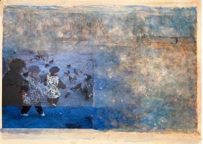3.Kathryn and Elise in the Piazza Santa Croce 2022 Mixed Medium Composite 19”x24”